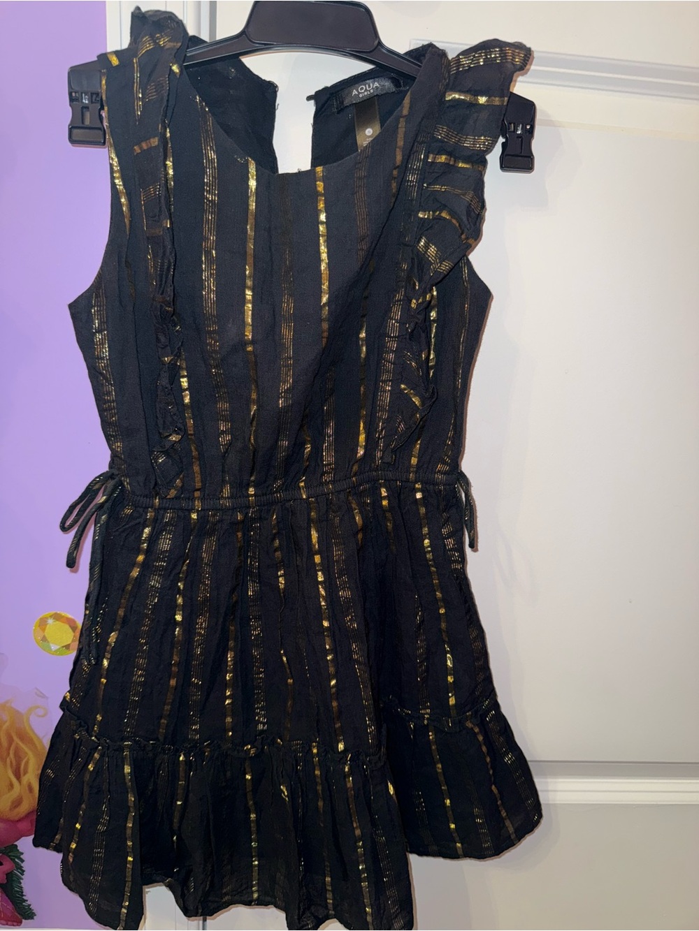 Aqua Black Dress with Gold Striped Ruffles